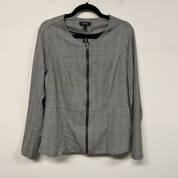 Torrid Houndstooth Zip Front Blazer Jacket Size 0 L Gray Black Work Career Chic - Picture 1 of 13